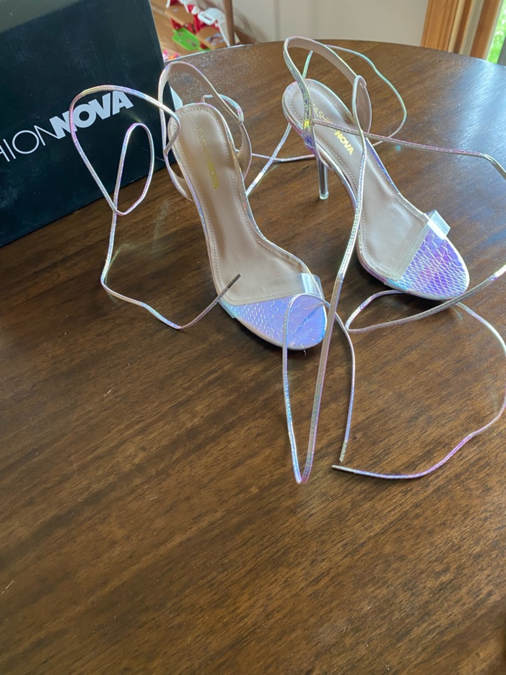 Fashion Nova Iridescent Lavender Lace-Up Stiletto Sandals